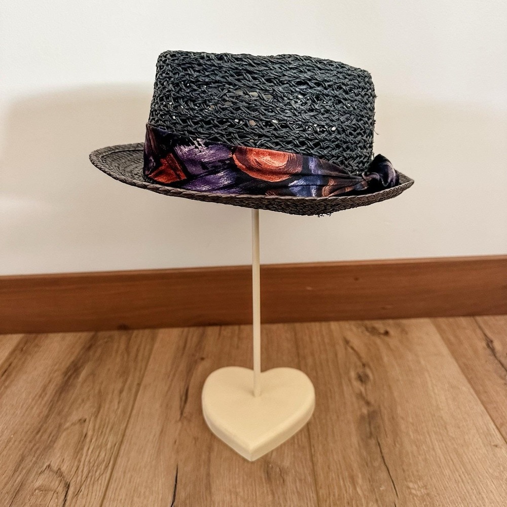 VTG Men's Adam Imported Macora Fedora Hat‎ Straw Decorative Scarf Premier Black